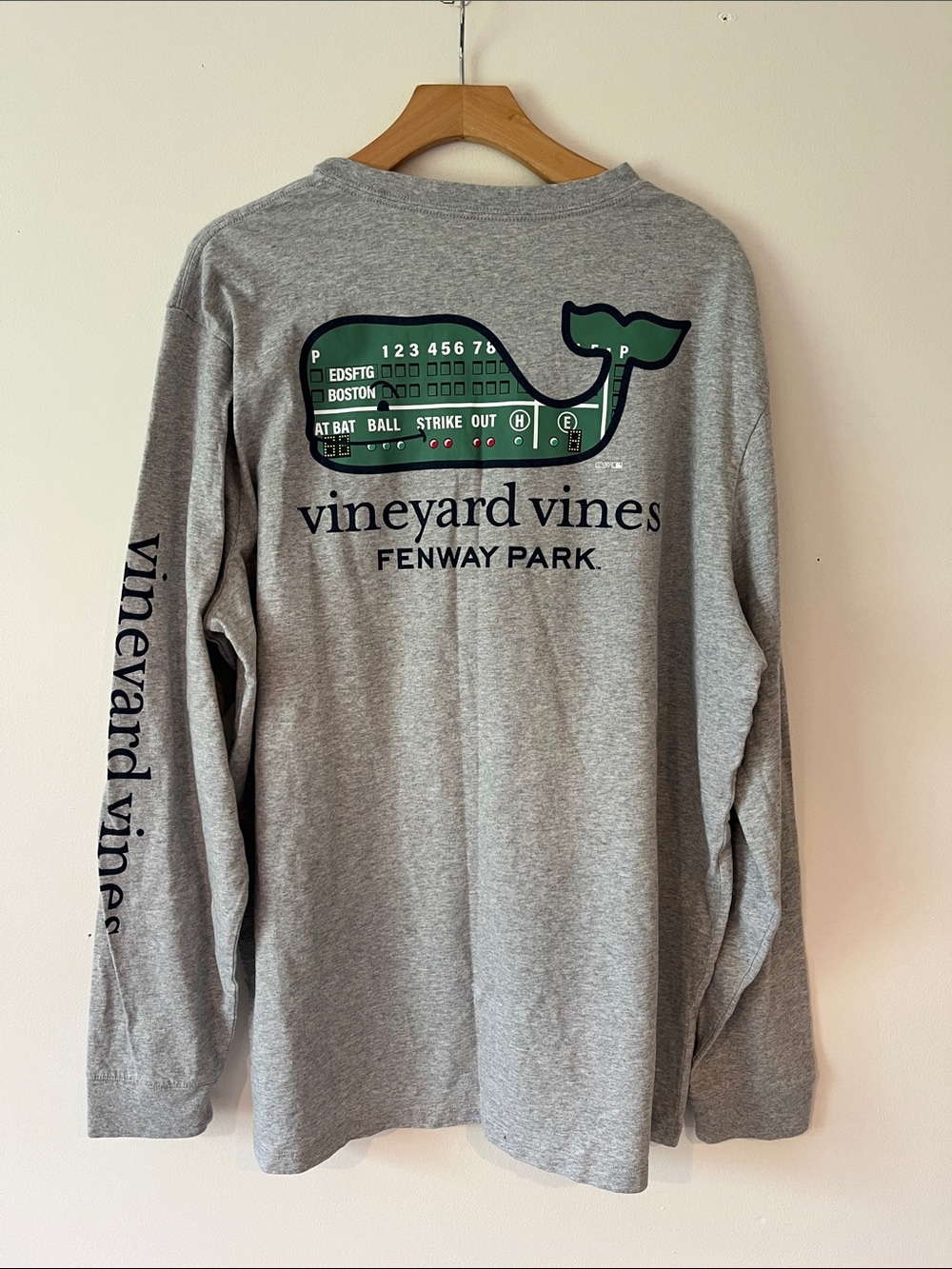 Vineyard Vines Boston Red Sox Gray Long Sleeve Tee with Green Whale Fenway Park